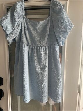Light Blue Textured Puff-Sleeve Mini Dress